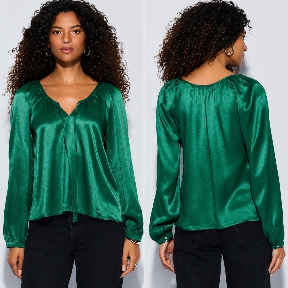 NATION LTD NEW Ellie Forest Green Tie Front Crinkle Satin Blouse Top SZ Medium